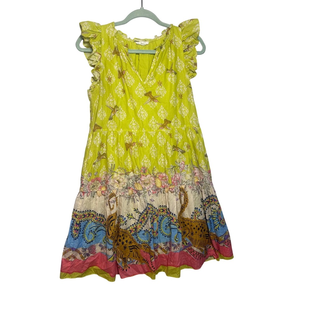 A Loves A Lime Green Hummingbird Leopard Tiered Flutter Sleeve Cotton Dress S